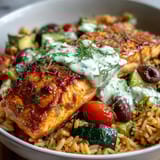 A close-up of the Crispy Rice Salmon Bowl highlights colorful Mediterranean vegetables and a zesty, creamy sauce pooling on the rice.