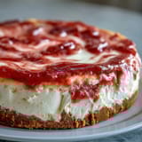 Creamy Easy Guava Swirl Cheesecake with vibrant pink swirls on a rustic plate, topped with fresh mint.