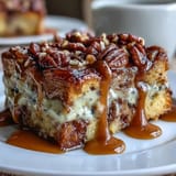 A close-up view of Guava Caramel Bread Pudding With Pecans reveals a drizzle of caramel sauce.