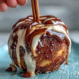 Glossy red candy apples with white chocolate drizzle, perfect for fall festivals and Halloween treats.