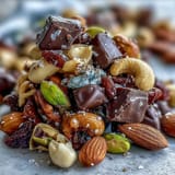 Homemade Trail Mix with Dark Chocolate featuring crunchy almonds, cashews, and sweet dried fruits, perfect for on-the-go snacking.