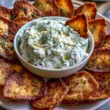 A close-up of warm, crunchy pita chips paired with cool, garlicky tzatziki — perfect for dipping at summer gatherings.  