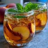 Vibrant glass of Mango Peach Sparkling Tea with sliced fruit and ice, ideal for cooling off in summer.