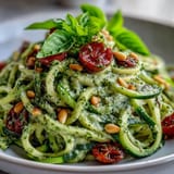 A close-up of fresh zucchini noodles tossed with bright, herbed avocado pesto.