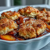 Juicy peach cobbler with fluffy, golden biscuit topping, ready to serve.