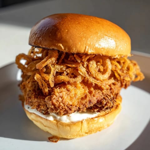 Golden fried chicken thighs piled high on a toasted brioche bun, topped with crunchy onions and creamy aioli.  