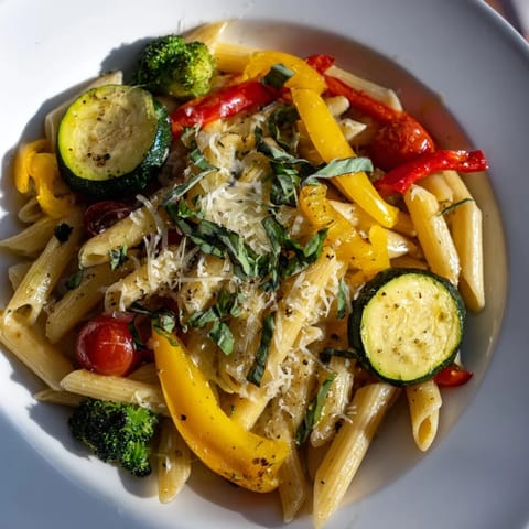 Brightly colored roasted zucchini, peppers, and cherry tomatoes tossed with al dente penne pasta in this hearty Pasta Primavera recipe.