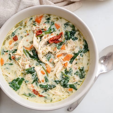 Spoon dipping into hearty Creamy Tuscan Chicken Soup, featuring shredded chicken, spinach, and vibrant sun-dried tomatoes.