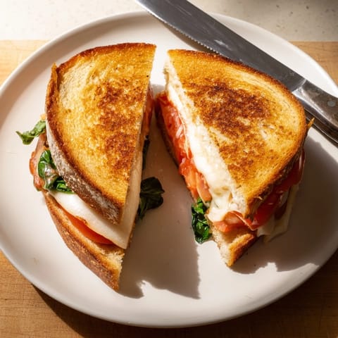 A close-up of Tomato Basil Grilled Cheese, showcasing juicy tomato slices and fresh green basil leaves.