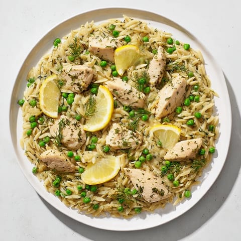 A rustic skillet holds the finished Lemon Herb Chicken Orzo Skillet, garnished with fresh parsley and dill.