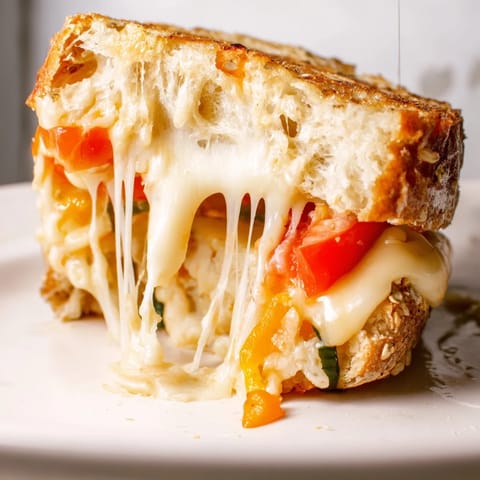 Two halves of Pepper Jack & Tomato Grilled Cheese stacked on a white plate, served with a small bowl of creamy tomato soup and fresh parsley garnish.  