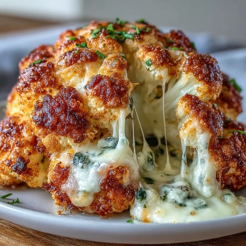 Whole Cheesy Stuffed Cauliflower Head, a beautiful vegetarian main with melted cheddar topping.