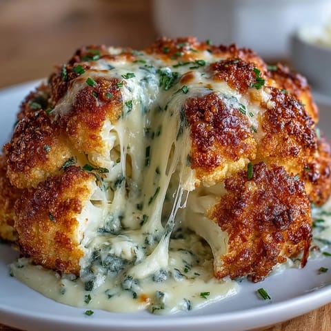 Golden roasted Cheesy Stuffed Cauliflower Head, bubbling with rich cheese filling.