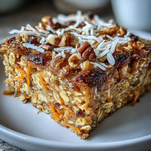 Golden baked carrot cake oatmeal, studded with raisins and nuts.
