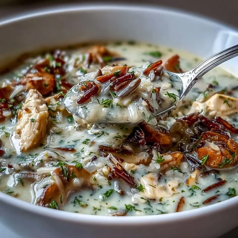 Creamy Parmesan Mushroom Chicken and Wild Rice Soup, a hearty bowl perfect for comfort.