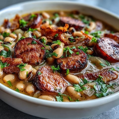 A hearty Southern black-eyed pea stew features smoky sausage, fresh vegetables, and a garnish of vibrant chopped parsley.