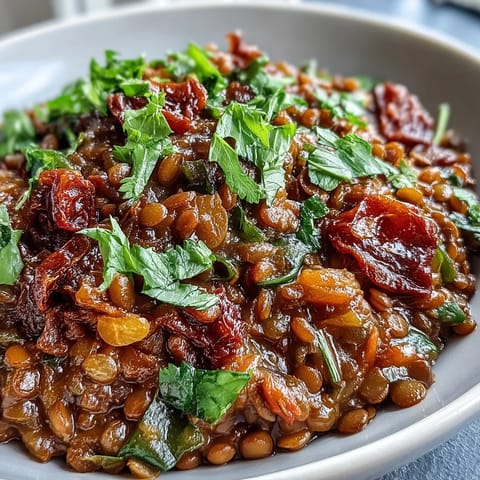Hearty Cuban-Inspired Lentil Picadillo simmered with olives and raisins, perfect over rice.