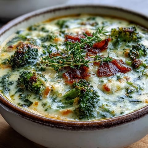 Homemade roasted broccoli cheddar soup in a white ceramic bowl, with crusty bread on the side.  