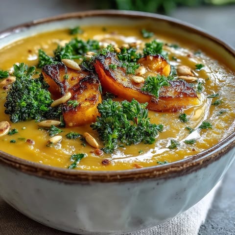 Creamy Roasted Broccoli and Butternut Squash Soup served warm in a rustic bowl topped with pumpkin seeds.