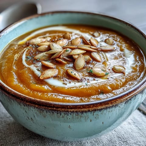 Creamy Butternut Squash and Apple Soup garnished with toasted pumpkin seeds in a rustic bowl.