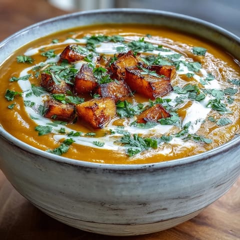 Creamy Butternut Squash and Lentil Soup with a coconut swirl, served warm in a rustic bowl.