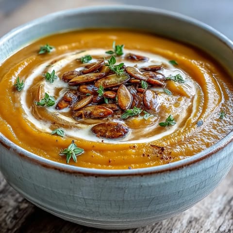 Smooth and creamy roasted butternut squash soup garnished with pumpkin seeds and fresh thyme, served in a rustic bowl.