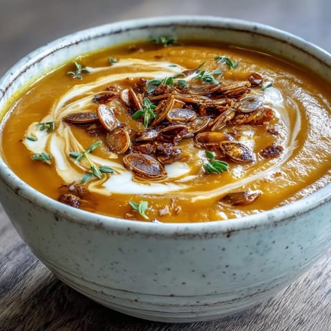 Homemade velvety roasted butternut squash soup topped with a swirl of cream, ideal for a cozy chilly night.