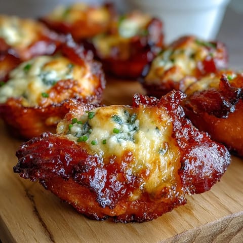 Twisted Buffalo Wing Poppers arranged on a rustic serving platter, garnished with fresh chives and a side of cool blue cheese dip for dipping.