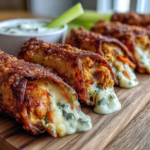 Freshly fried Buffalo Chicken Egg Rolls piled high with celery sticks and carrot sticks on the side for a classic pairing.