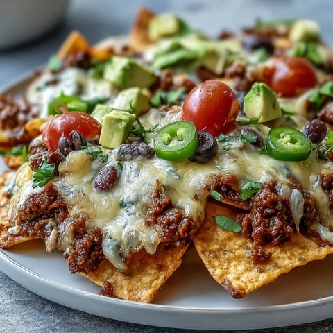 Freshly baked Baked Nachos with melted cheddar, savory ground beef, and colorful jalapeños on a rustic plate.