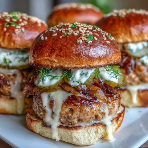Toasted slider buns cradle juicy bratwurst patties topped with tangy beer cheese and pickles.