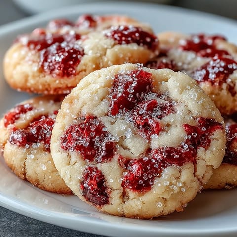 Freshly baked Soft Chewy Raspberry Sugar Cookies stacked on a white plate, showing juicy berry bits inside pillowy, chewy centers.
