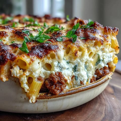 Close-up on a forkful of Cottage Cheese Protein Pasta Bake with Ground Beef, revealing creamy curds and rich red tomato beef sauce.