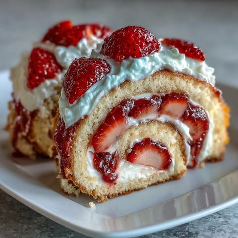 Thin crepes wrap airy sponge cake and strawberries, ready to serve with a drizzle of white chocolate.