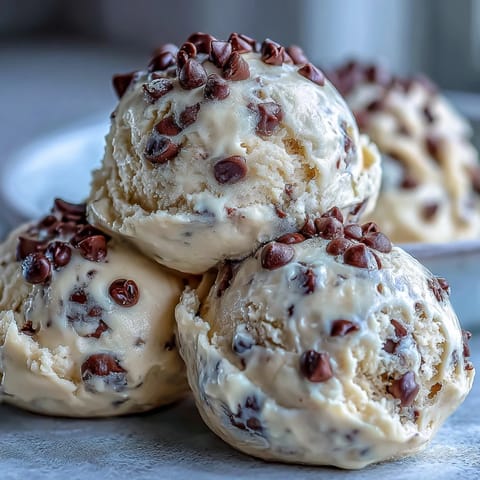 A scoopable bowl of Greek Yogurt Cookie Dough mixed with a wooden spoon showing creamy texture and mini chocolate chips.