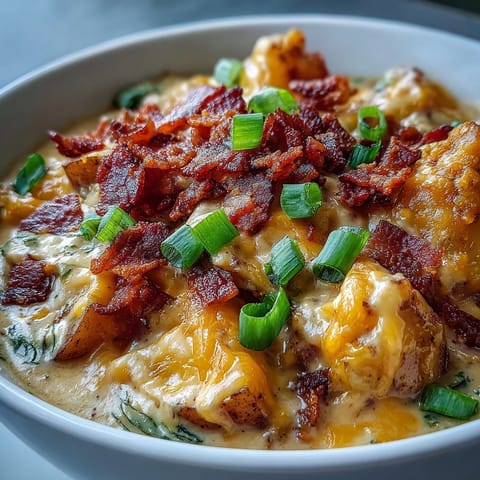 Creamy Loaded Potato Soup ladled from a pot, featuring tender potatoes and melty cheddar cheese.
