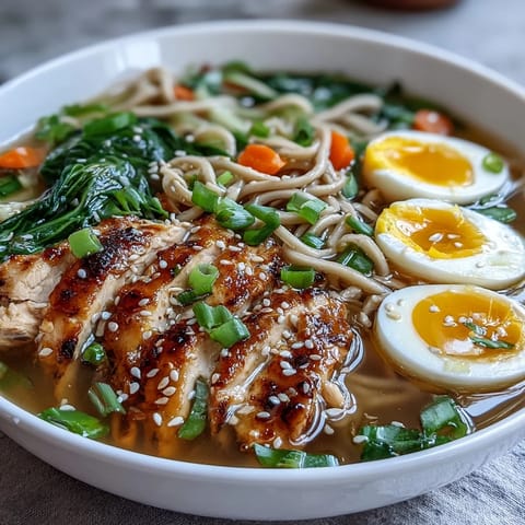 Sliced chicken and crisp bok choy top the Healthy Miso Chicken Noodle Bowls, garnished with sesame seeds and soft-boiled egg halves.