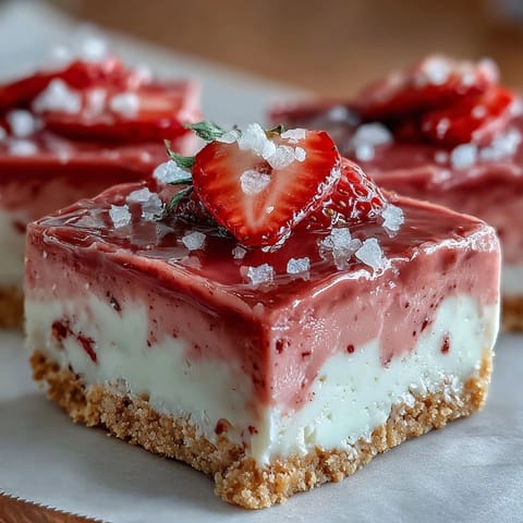Creamy No-Bake Strawberry Fudge Squares cut into neat squares, showing a soft, fudgy pink interior.