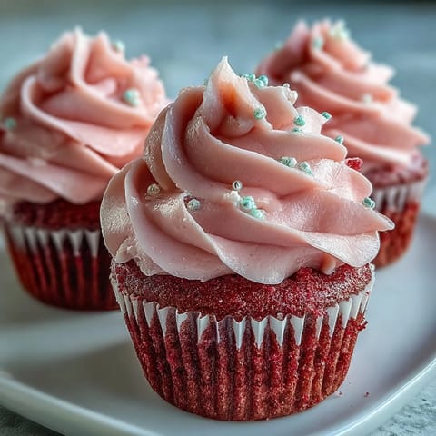 Freshly frosted Pink Velvet Cupcakes with Vanilla Buttercream Frosting, piped high with a swirl and topped with pink sugar sprinkles.
