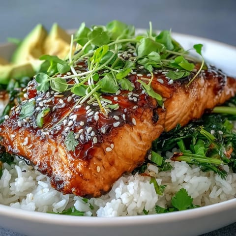 A close-up shows tender salmon pieces glazed in soy ginger sauce over rice, topped with avocado, sesame seeds, and green onions.