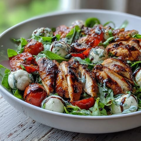 A vibrant Caprese Chicken Bowl featuring grilled chicken, mozzarella, tomatoes, and basil, drizzled with balsamic reduction.