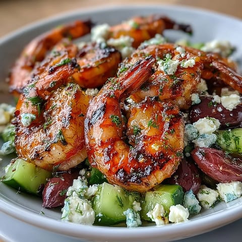 Fresh grilled shrimp sit atop a vibrant Greek Shrimp Bowl with diced cucumber, cherry tomatoes, red onion, and crumbled feta cheese, drizzled with a zesty lemon-olive oil dressing.