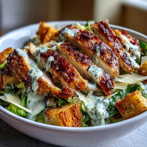 Juicy grilled chicken slices rest on crisp romaine lettuce in a Caesar Chicken Bowl with parmesan and croutons.
