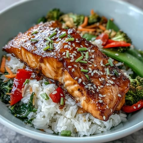Flaky teriyaki salmon glazed in sweet-savory sauce rests on fluffy rice with crisp, colorful stir-fried vegetables.