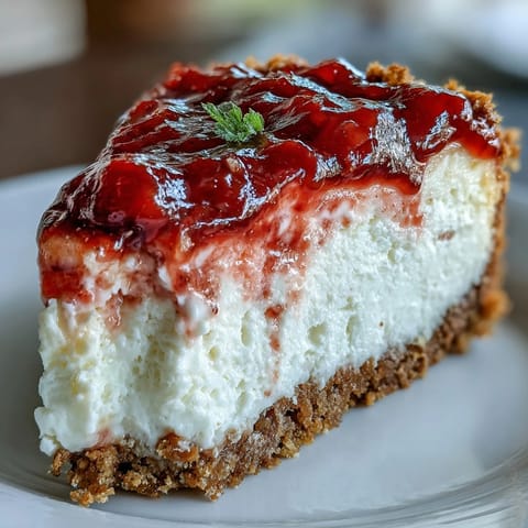 A slice of Guava Cheesecake with a pink swirl sits on a white plate, garnished with a fresh mint leaf.