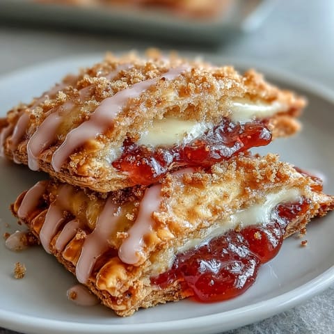 Freshly baked Guava Cheese Pop Tarts on a wire rack, showing golden flaky crusts with glossy pink glaze dripping.