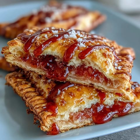 Two halves of a Guava Cheese Pop Tart reveal creamy cheese filling and vibrant guava jam center beside a steaming mug.