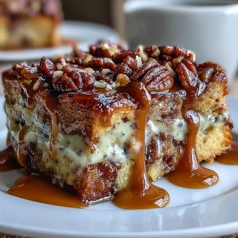A close-up view of Guava Caramel Bread Pudding With Pecans reveals a drizzle of caramel sauce.