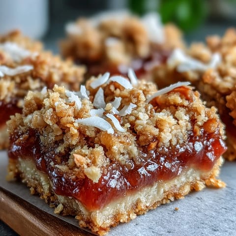 Freshly baked Guava Jam Bars with coconut macadamia oat crumble, showcasing a golden topping on a tropical dessert bar with vibrant pink guava filling.