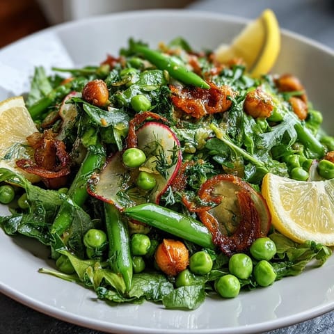 Bright lemon vinaigrette spring salad with radishes and peas, bursting with fresh greens and crisp vegetables in a zesty dressing.